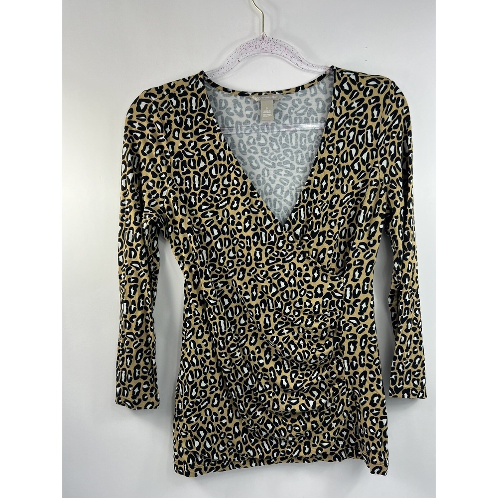 Banana Republic Top Women's Sz S Animal Print Faux Wrap Bodice Ruched 3/4 Sleeve